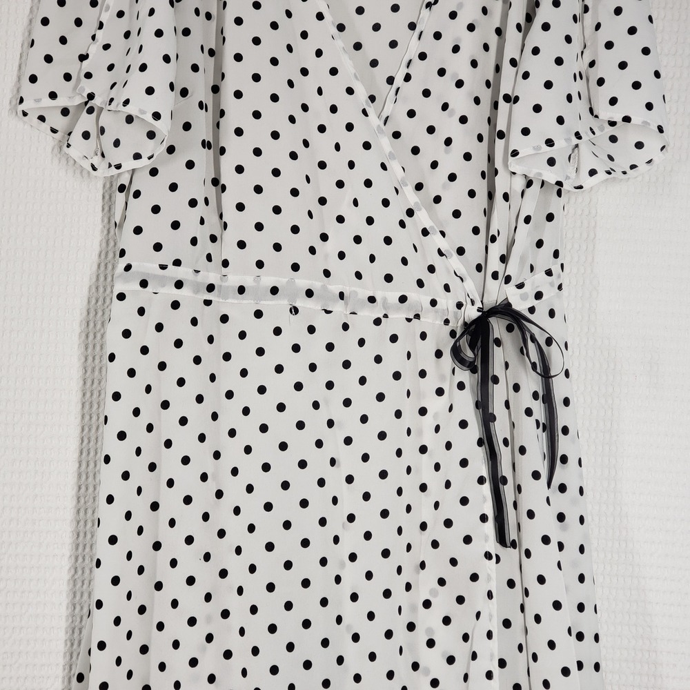 Boohoo Wrap Maxi Dress Womens 24 White Black Polka Dot Short Sleeve Romantic - Picture 15 of 16